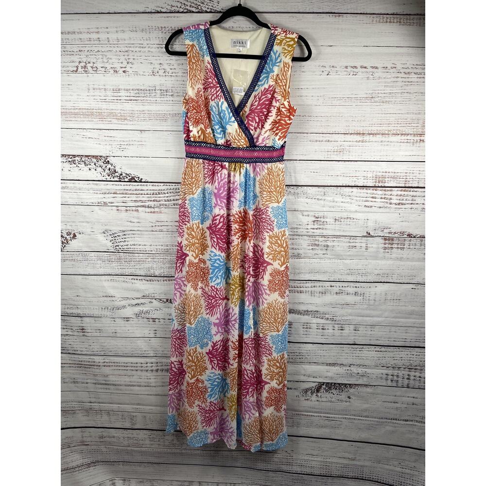 Nikki Poulos Dress Women's Medium Multicolor Coral Print Wrap Sleeveless Maxi